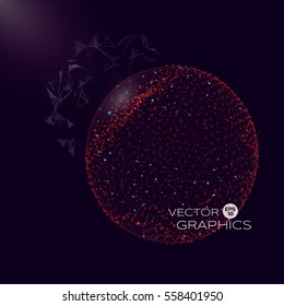 Vector 3d illustration of spherical object in space of micro or macro world. Isolated object consists of wireframe and particles with elements of explosion.