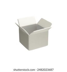 Vector 3D illustration: a square open white box, ideal for delivery. Parcel packaging in cartoon style on isolated background. Template for shipping cargo boxes.