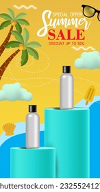 Vector 3D Illustration summer sale display 3D podium for mock up and background.