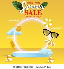 Vector 3D Illustration summer sale display 3D podium for mock up and background.
