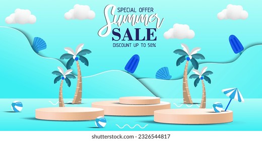 Vector 3D Illustration summer sale display 3D podium for mock up and background.