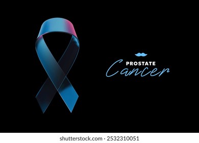 Vektor 3d Illustration des Symbols für Prostatakrebs Bewusstsein. Prostatakrebs blaues realistisches Band mit Schleife auf schwarzem Hintergrund. Vorlagendesign des Bandes mit Wort für Sensibilisierungsmonat-Kampagne