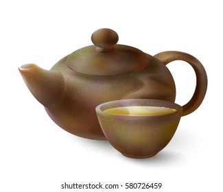 Vector 3d illustration of a tea in brown ware. Clay teapot and cup of hot tea on a white background