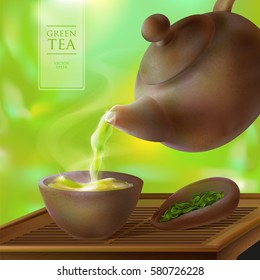 Vector 3d illustration of a tea ceremony. From the kettle filled with hot cup of tasty drink. Teapot, bowl and green tea leaves.