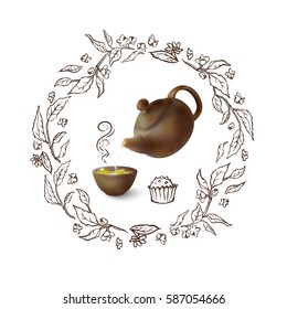 Vector 3d illustration of a tea party. From the kettle filled with hot cup of tasty drink. Teapot, bowl on a neutral background. Hand-drawn sketch frame of the tea leaves and flowers