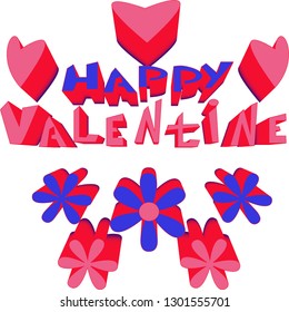 Vector 3D illustration with three-dimensional pink hearts and three-dimensional  flowers. Blue and pink colors. 3D lettering text Happy Valentine