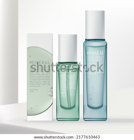 Vector 3D Illustration Tinted Blue or Green Glass Spray, Tonic or Serum Bottle Packaging with White Cap. Minimalist Carton Box Design with Serum Drop Print.	