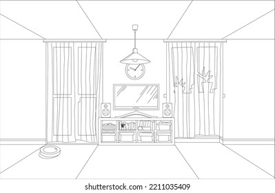 vector 3D illustration TV living room, line drawing art, interior anime background style, manga style