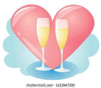 Vector 3d illustration with two champagne and heart. Card for valentines day. Champagne and heart as symbols of love