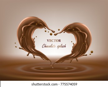 Ilustración vectorial 3D de dos salpicaduras de chocolate líquido derretido en un estilo realista. Forma cardiaca abstracta para burlarse de su producto. Plantilla para diseño de paquetes, volante de promoción, afiche, banner