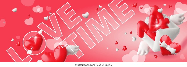 Vector 3D illustration of Valentine's Day banner with inscription, hearts, number 14 and envelope. Inflatable form. Time of love. Horizontal congratulation pack. Cartoon style.