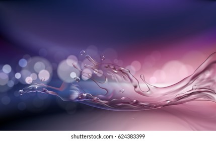 Vector 3D illustration violet and pink background with water splash and bokeh