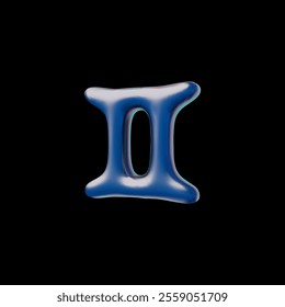 Vector 3D illustration of volumetric sign of Gemini with blue iridescent surface. Isolated black background. Astrology and horoscope. Inflated figure. Zodiac constellation. Astronomical element.