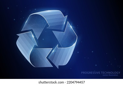 Vector 3d illustration of a waste recycling sign on a dark blue background, environment, ecology protection, resources, business, industry.