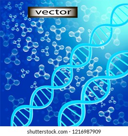 Vector 3D illustration of water molecules and the DNA helix, RNA is a close-up view of the magnification under the microscope of scientific and medical subject of human health