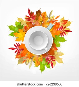 Vector 3d illustration with white empty mug and saucer isolated on a background of multi-colored autumn leaves. Element for design, advertising, packaging