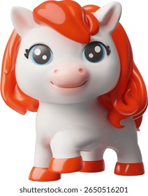 Vector 3D illustration of white horse icon with red mane, cartoon childish style. Year of the Horse. Toy. Zodiac sign. Render. Isolated background. Minimalism. Front view.