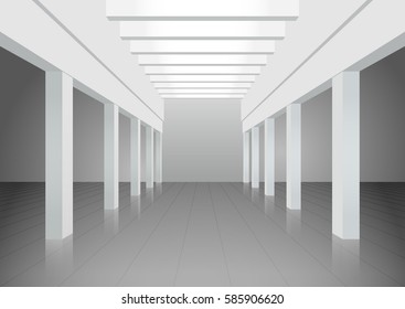 Vector 3d illustration. White interior of of not existing building with columns and beamed ceilings and top light. Symmetrical view.