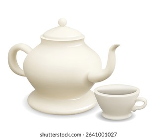 Vector 3d illustration white porcelain teapot with cup on white background. Realistic image of kitchenware. Kettle and cup for recipes, banners and your design