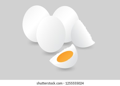 Vector 3D illustration white realistic eggs with cracked  egg yolk with soft shadows on white background.