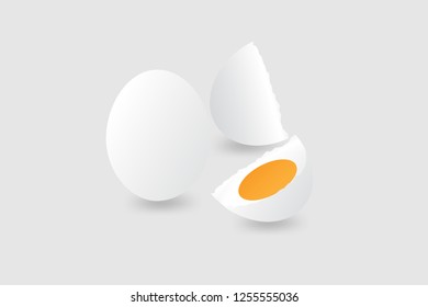 Vector 3D illustration whote realistic eggs with cracked  egg yolk with soft shadows on white background.