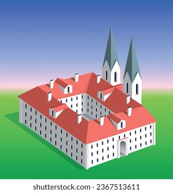 Ilustración vectorial 3d Arquitectura mundial. Antiguo monasterio cristiano