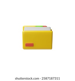 Vector 3D illustration of yellow open folder with pages. Icon. Document storage and management. Office supplies. Online archive. Cartoon style. Isolated background. Rendering.