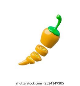 Vector 3D illustration of yellow pepper cut into pieces. Sliced vegetables for thematic design on an isolated white background. Fresh, natural food. Cartoon style.