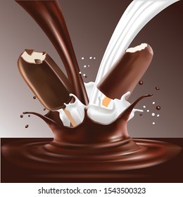 vector 3D illustrations, splashes and drops of melted dark chocolate and milk, dynamic splashes of hot coffee and milk flow mixed. Vector realistic illustration. 