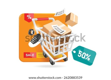 vector 3d isolated for online shopping concept ,product is packed into a parcel box or cardboard box and the customer puts it in shopping cart used in supermarket and receives 50% discount promotion