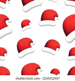 Vector 3D isolated Santa Claus hat seamless pattern on the white background. Concept of Merry Christmas and Happy New Year.