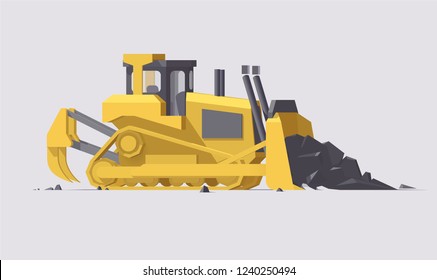 Vector 3d Isolated Yellow Mining Dozer Moving Dirt Ground And Stones