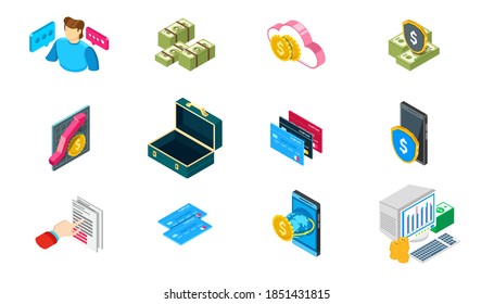 Iconos de banca isométrica vectorial 3d aislados en blanco.