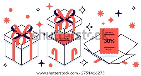 Vector 3d isometric box set. Open and closed gift boxes with discount voucher coupon. Design elements for sale, promotion, greeting card, banner, marketing, retail and holiday offer