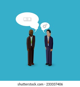 vector 3d isometric cartoon illustration of men or guys characters. business infographic or advertising template. communication concept