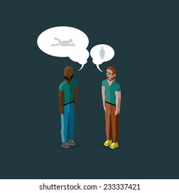 vector 3d isometric cartoon illustration of men or guys characters. infographic or advertising template. communication concept