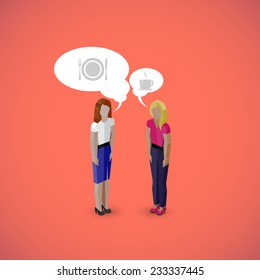 vector 3d isometric cartoon illustration of women or girls characters. business infographic or advertising template. communication concept