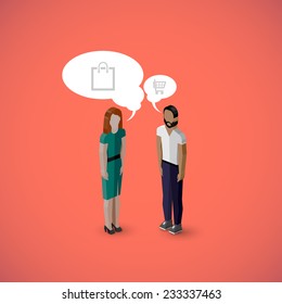 vector 3d isometric cartoon illustration of man and woman characters. business infographic or advertising template. communication concept