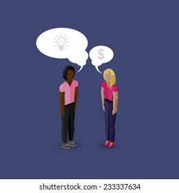 vector 3d isometric cartoon illustration of man and woman characters. business infographic or advertising template. communication concept