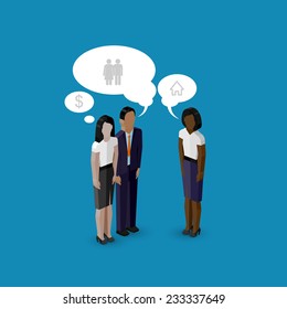 vector 3d isometric cartoon illustration of women and man characters. business real estate infographic or advertising template. communication concept