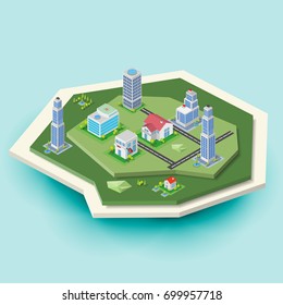Vector 3d isometric city buildings and landscape Island.