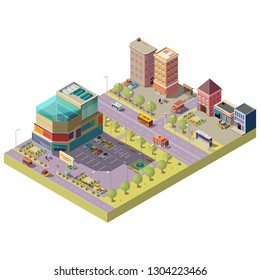 Vector 3d isometric city center - a shopping mall, supermarket with parking area and living multistorey modern buildings. Road with traffic, cars, bus stop. Architecture, cityscape concept.