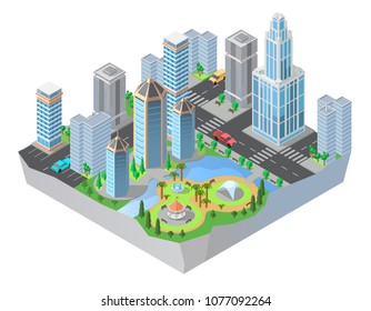 Vector 3d isometric city, downtown with modern residential buildings, skyscrapers, roads, park. Cityscape, map of town, central district with business offices, urban concept illustration