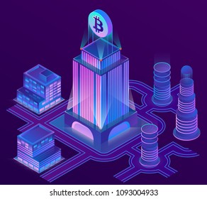 Vector 3d isometric city in ultra violet colors with bitcoin on top of skyscraper. Cityscape, futuristic town with neon illuminations. Cryptocurrency mining, modern internet technologies concept