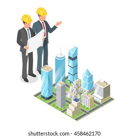 Vector 3d Isometric Concept Of Businessman Or Engeneer In Hard Hat With Plan Of City With Skyscrapers