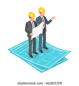 Vector 3d isometric concept of businessman or engineer in hard hat with architectural plan standing on blueprints. 