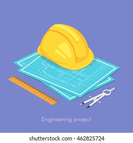 Vector 3d isometric concept of engineering project. Hard hat on the blueprints, ruler and dividers.