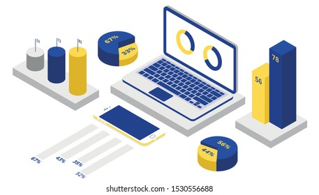 Vector 3d isometric data illustration. Laptop, phone, graphs