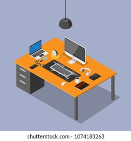 Vector 3D isometric desk of workplace and technology