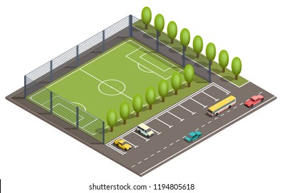 Vector 3d isometric field for football games, parking places for cars and road with vehicles. Green field for sport near asphalt way, urban map, city concept. Isometry isolated on white background.